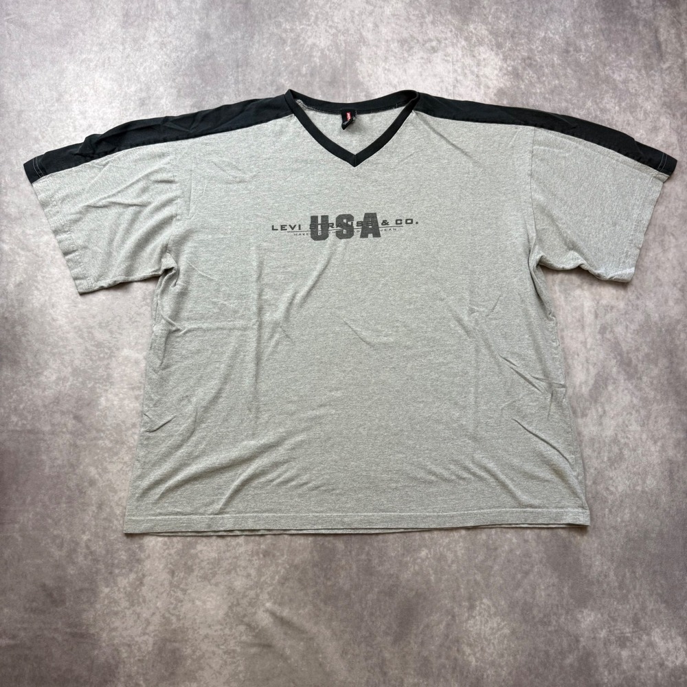 Vintage Levis Strauss & Co USA T-Shirt XL Gray Black V-Neck Made in USA 90s